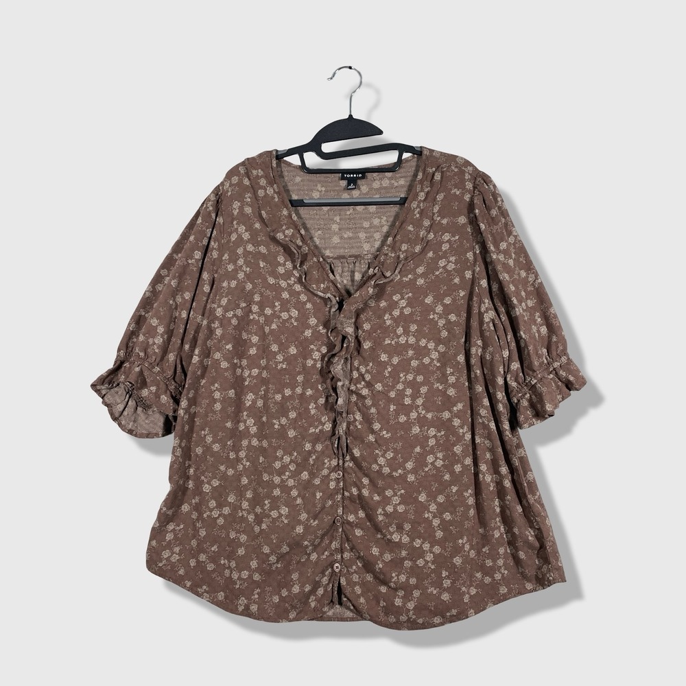 Torrid Blouse Women 2X Brown Floral Cottagecore Prairie Boho Rustic Romantic
